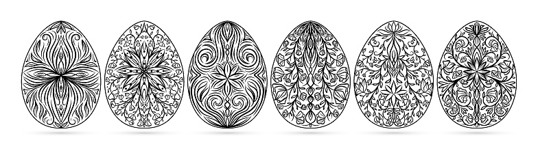 Hand drawn set of Easter ornamental eggs with floral patterns, curls, flowers, leaves. Decorative Easter holiday collection, floral spring egg. Vector sketch illustration isolated on white background