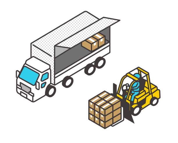 isometric vector illustration material about trucks carrying cargo and picking - gimnastyka izometryczna obrazy stock illustrations