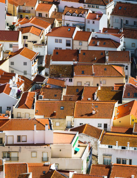 Top view of Nazare, Portugal, beautiful white houses with maroon tiled roofs.