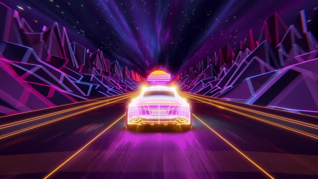 Cyber car drive on a vaporwave style road. Neon lights and synthwave aesthetics create a retro nostalgic atmosphere. 3d rendering concept related to video games, music videos, sci-fi, cyberpunk genres