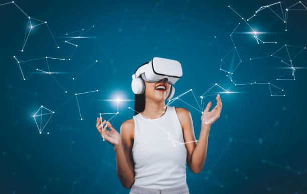 istock Female wearing white VR headset and sleeveless connect metaverse. Hallucination. 2086434008
