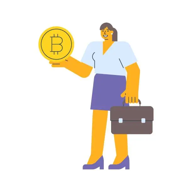 Vector illustration of Businesswoman holding coin with bitcoin sign and holding suitcase