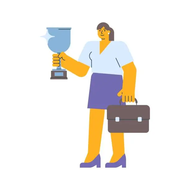 Vector illustration of Businesswoman holding silver cup and holding suitcase