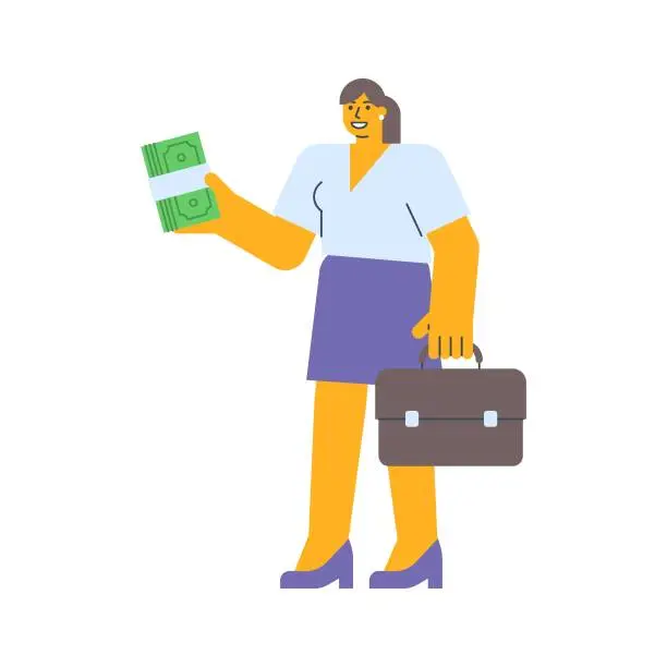 Vector illustration of Businesswoman holding wad money and holding suitcase