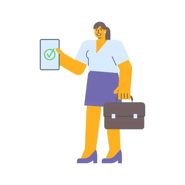 Vector illustration of Businesswoman holding tablet and holding suitcase