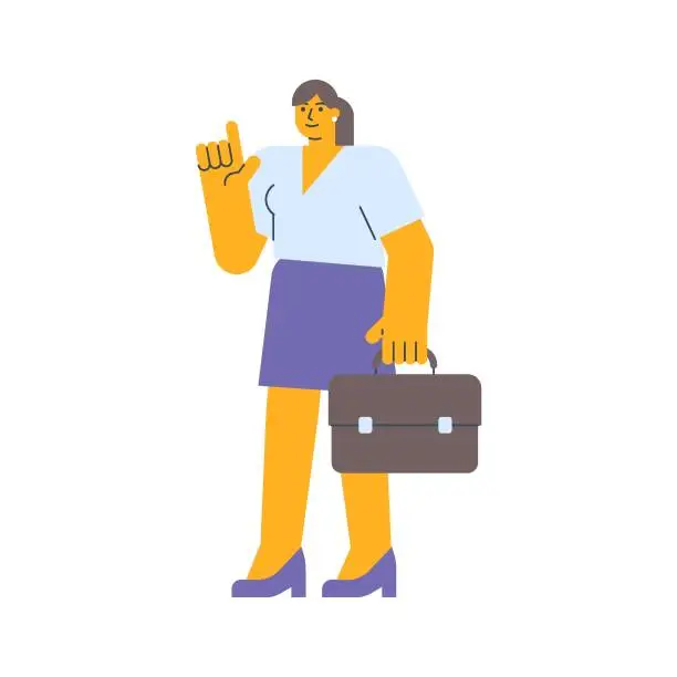 Vector illustration of Businesswoman points finger up and holding suitcase