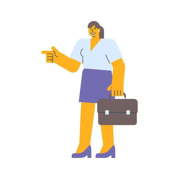 Vector illustration of Businesswoman points finger and holding suitcase
