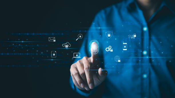 istock Futuristic biometric authentication technology concept. Man is touching a fingerprint scan with icons of secured access, data protection, network cyber security in digital interface. Internet banking, 2086436206