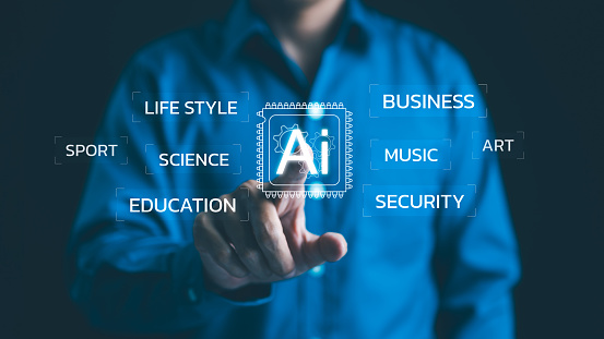 AI Artificial Intelligence. A person interacting with a holographic interface showcasing AI's influence across different sectors such as business, education, sport, science, security, and lifestyle.