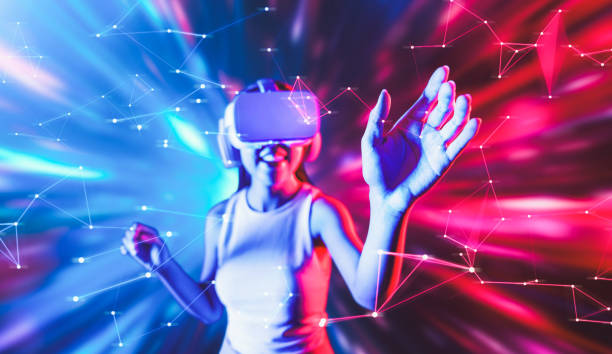 istock Elegant woman in metaverse woman use finger touch virtual object. Hallucination. 2086459448