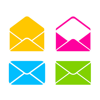 Colorful envelope icons, letter pictograms on white background