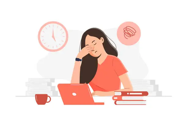 Vector illustration of Young woman holding her face with her hand, looks tired because hasn't been able to work in time. sitting at the desk with laptop and stack of books. flat character design and illustration.