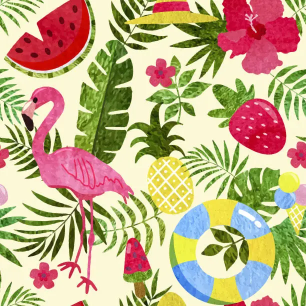 Vector illustration of Vector seamless tropical pattern. Palm leaves, pineapple, flamingos, exotic flowers, watermelon, ice cream.