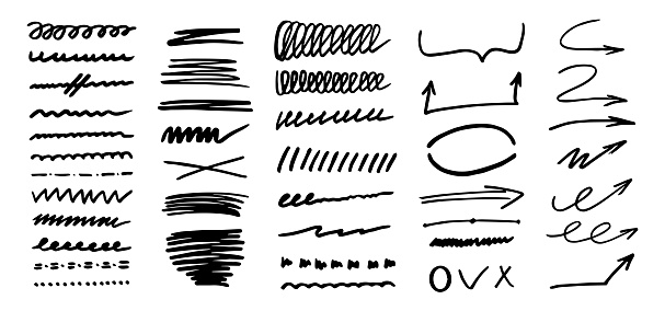 Doodles drawn with a marker. Stripes, underlining, geometric shapes, hand scratches. Vector illustration of squiggles in modern style for template, design, sketch for social networks.