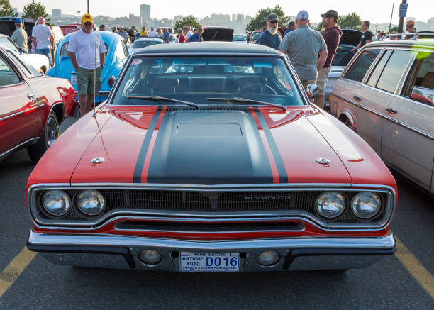 Dartmouth,  Nova Scotia, Canada - August 3, 2017 :  Classic muscle car, 1969 Plymouth Roadrunner,  A&W weekly Thursday cruise-in,  Woodside Ferry Terminal, Dartmouth, Nova Scotia, Canada.