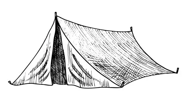 Vector illustration of Camp Tent. Hand drawn Vector illustration of old traditional equipment for hiking or travel on isolated background. Drawing of retro camping for trip in a forest. Linear sketch of Campsite