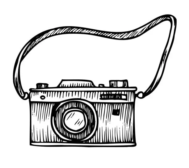 Vector illustration of Vintage Vector Camera. Hand drawn illustration of old retro analog equipment with lens for photography on white background. Black linear drawing of objective for travel or adventure trip