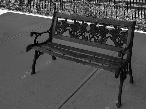 Black bench close up in the empty park, black and white photo