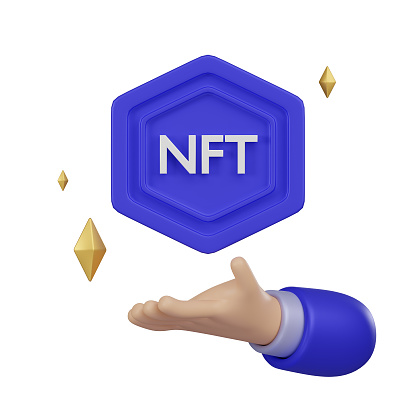 A visually striking 3D icon of a hand presenting a hexagonal NFT symbol, representing the concept of owning digital assets in the form of Non-Fungible Tokens.