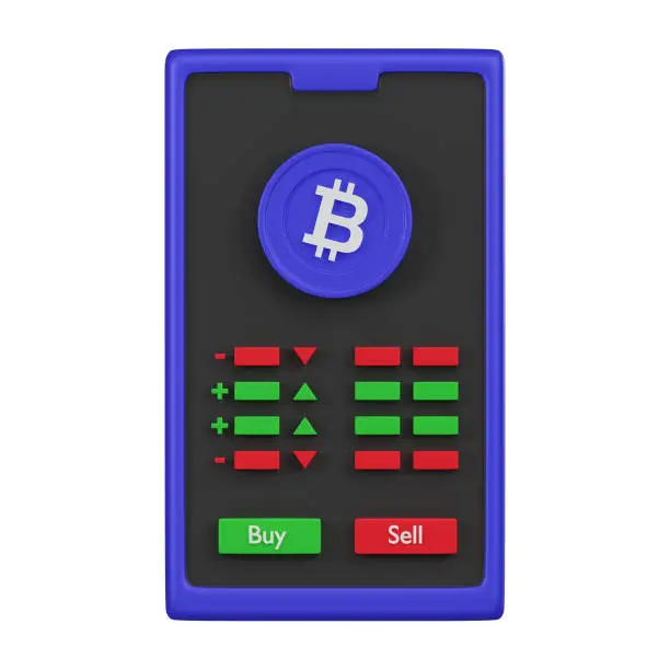 A 3d image of a mobile crypto trading platform displaying Bitcoin with buy and sell buttons, indicating a user-friendly trading interface.