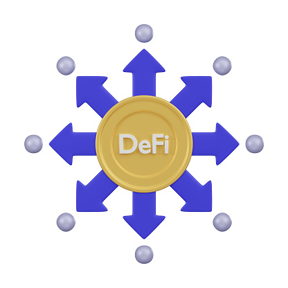 This image illustrates a golden coin with the inscription DeFi at the center, surrounded by arrows pointing outward, representing the growth of decentralized finance.