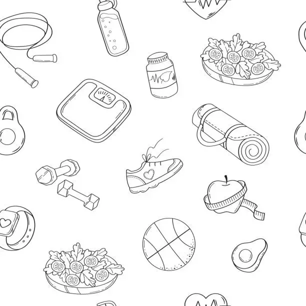 Vector illustration of Healthy lifestyle seamless pattern. Sport equipment, fitness accessories and diet food elements in doodle style on white background. Hand drawn vector illustration.