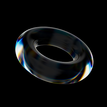 3d Transparent glossy ring with dispersion effect. Rainbow colors reflection glass. 3d render illustration.