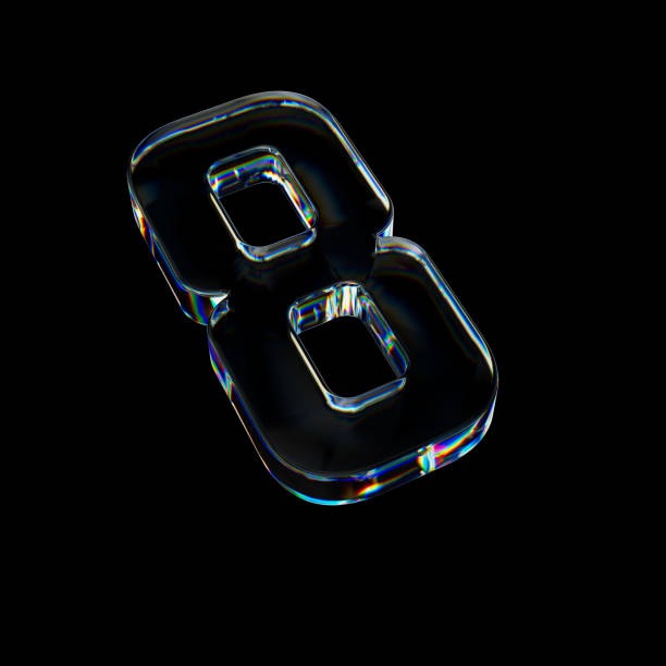 3d Transparent glossy number 8 with dispersion effect. Rainbow colors reflection glass. 3d render illustration.