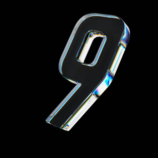 3d Transparent glossy number 9 with dispersion effect. Rainbow colors reflection glass. 3d render illustration.