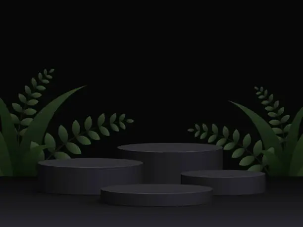 Vector illustration of Black display podium 3d with foliage background design. Vector illustration