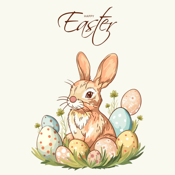 ilustrações de stock, clip art, desenhos animados e ícones de easter greeting card with easter bunny with eggs. - easter traditional culture backgrounds basket