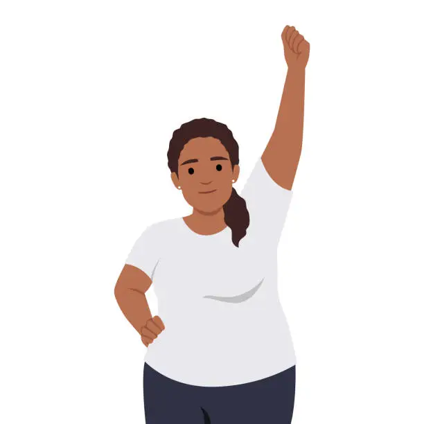 Vector illustration of Fat black woman doing sport. Weight loss program, plus size girl