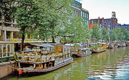 Floating flower market on Singel Canal, Amsterdam, Netherlands. Photo taken August 10, 1967.
