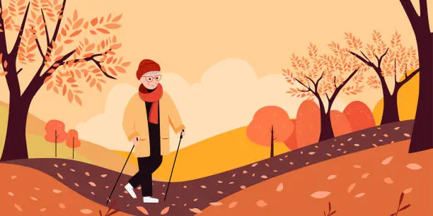 Vector illustration of Senior woman doing Nordic walking. An elderly woman is training with Scandinavian sticks.