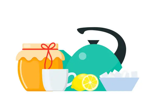 Vector illustration of Tea collection, honey and lemon. Breakfast time composition. Vector illustration.