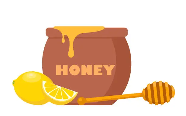 Vector illustration of Honey jar and Dipper. Wooden dipper, honey stick and lemon. Honey pot. Natural sweet organic product from apiary farm. Vector illustration.