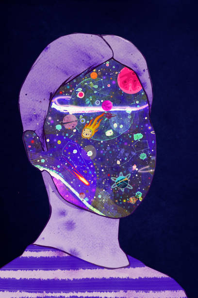 illustrazioni stock, clip art, cartoni animati e icone di tendenza di spazio astratto nella testa di una persona - art brain contemplation cyborg
