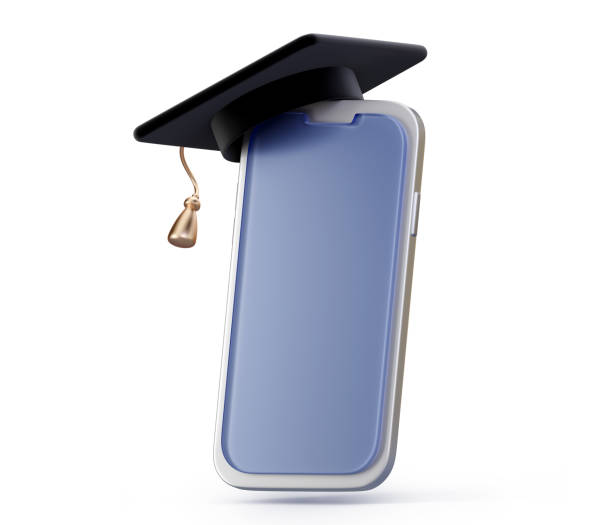 istock 3d icon of graduation hat on blank display mobile phone isolated on white background. Online education, learning concept. 3d render illustration 2086632421