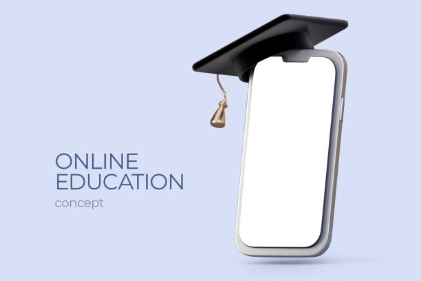 istock Online education. Remote access to lessons. Mock up of telephone educational programs, applications, games. 3D rendering smartphone with blank screen. Modern way of learning 2086632935