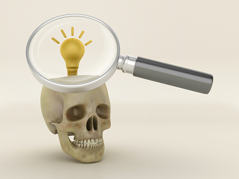 Light Bulb with Skull and Magnifying Glass - Color Background - 3D Rendering