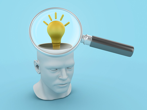 Light Bulb with Head and Magnifying Glass - Color Background - 3D Rendering