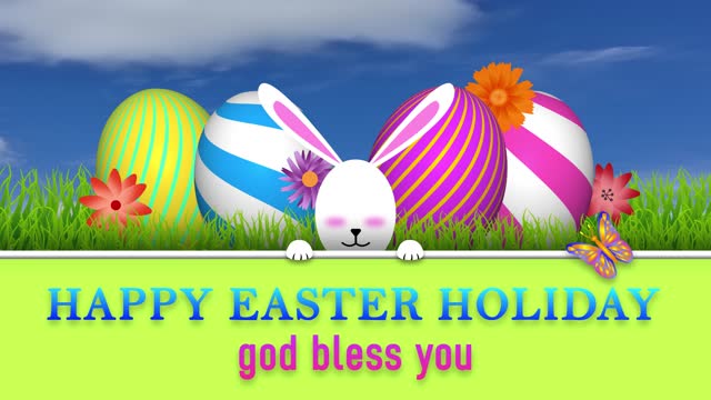 Happy easter holiday and god bless you greetings and beautiful bunny with decorated eggs
