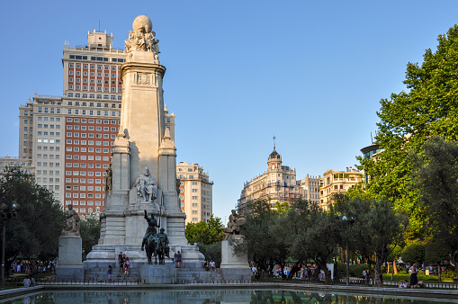 Madrid, Spain - June 2018: Don Quixote and Sancho Panza monument on Spain square