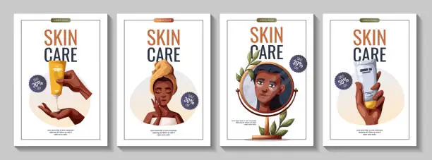 Vector illustration of Set of flyers with dark skin woman, hands with creams.