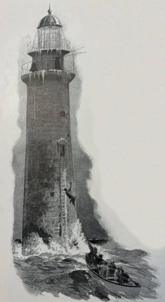 istock Antique illustration - a winter boat landing at Minot Ledge lighthouse 2086668670