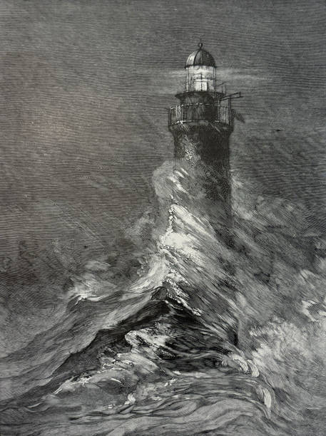 istock Antique illustration - a northeaster weather event hitting a lighthouse with large waves 2086669024