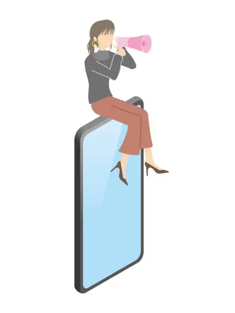 Vector illustration of Image illustration of a woman transmitting information from a smartphone