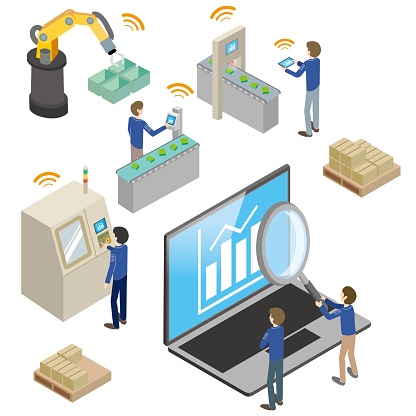 Image illustration of people and industrial equipment operating in a digitalized manufacturing factory