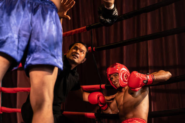 istock Boxing referee intervene, halting the fight to check fallen competitor. Impetus 2086723665