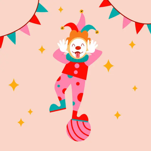 Vector illustration of Cartoon clown shows his tongue and stands on one leg on the ball